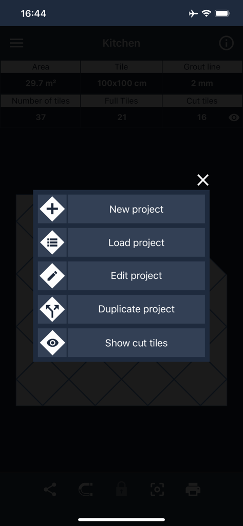 Floor Covering mobile app project management menu with options to edit and show cut tiles