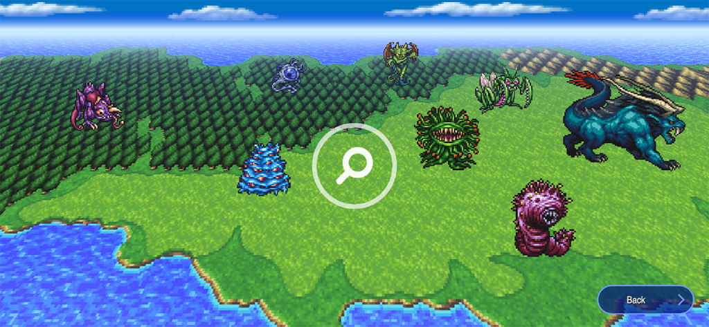 Una colección de varios sprites de monstruos de Final Fantasy II mostrados sobre un fondo de mapa del mundo en el menú bestiario.
