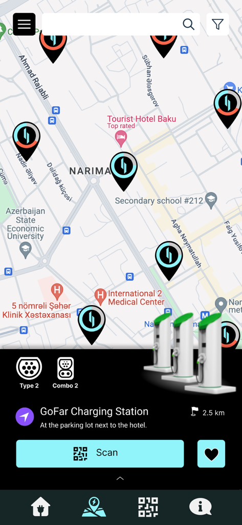 GOFAR - Map view of electric vehicle charging stations in the GOFAR app.