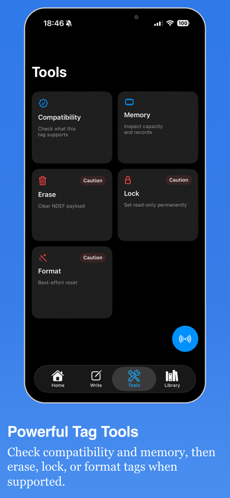 NFC Studio - NFC Studio mobile app Tools menu for checking tag compatibility and memory or erasing and locking tags