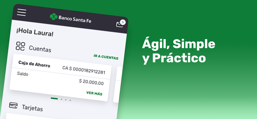 Interfaz de la aplicación móvil de Banco Santa Fe que muestra el saldo de una cuenta de ahorros y el lema Ágil Simple y Práctico