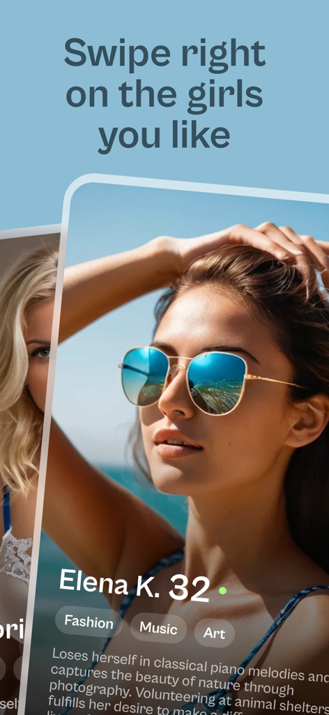 AI Girlfriend - Spicy Chat - AI Girlfriend app interface showing a swipe to match feature with a profile named Elena