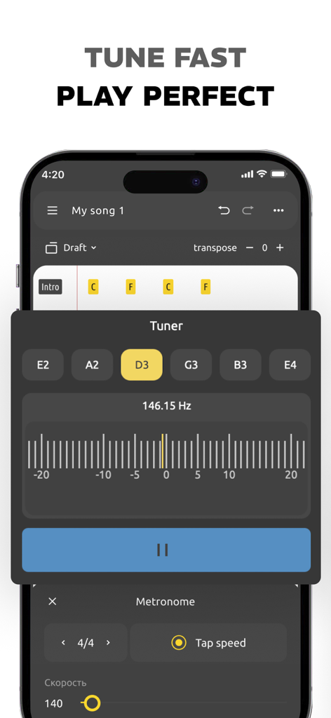 Song Writer AI,Lyric Generator - Digital instrument tuner and metronome interface in the Song Writer AI app