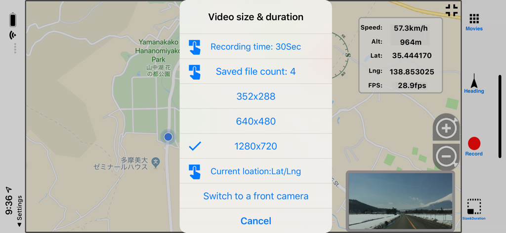 DriveRecorderX - DriveRecorderX app screen showing video size and duration settings menu overlaid on a GPS map with real-time speed and altitude data