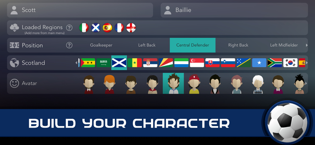 Football Superstar character creation screen showing customization options for player name position nationality and avatar