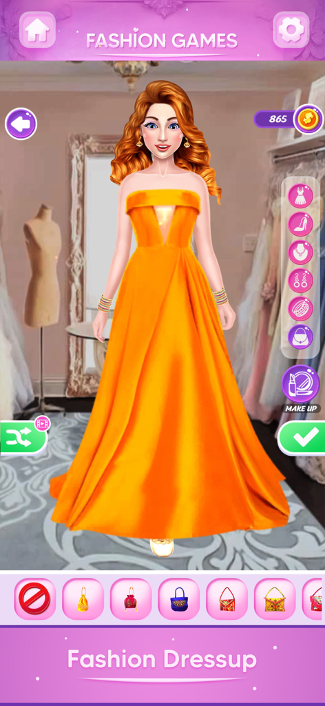 Fashion Games-Makeup, Dress Up - Un personaje vistiendo un largo vestido naranja en un juego móvil de moda para vestir.