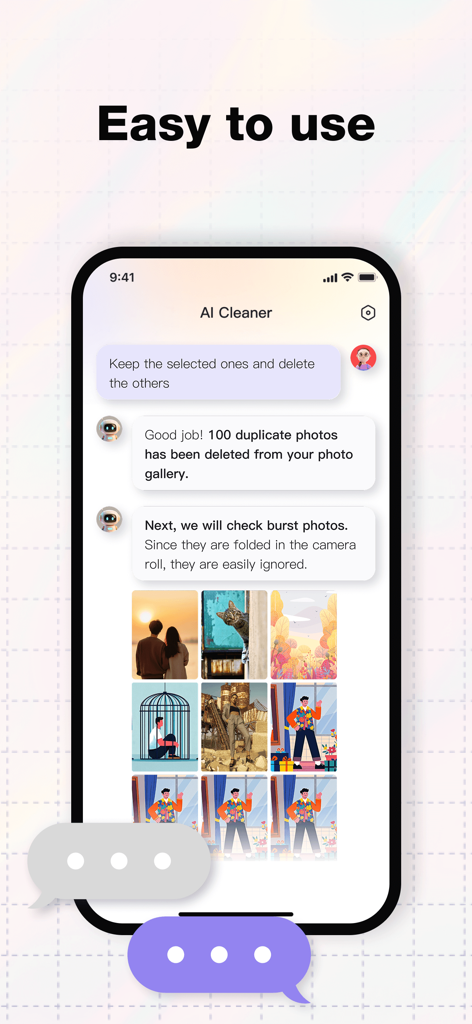 AI Cleaner app chat interface showing a conversation for deleting duplicate and burst photos with an image gallery