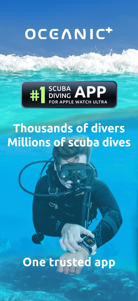 Scuba Diving Computer Oceanic+ - Un buceador submarino utilizando la aplicación Oceanic plus en un Apple Watch Ultra