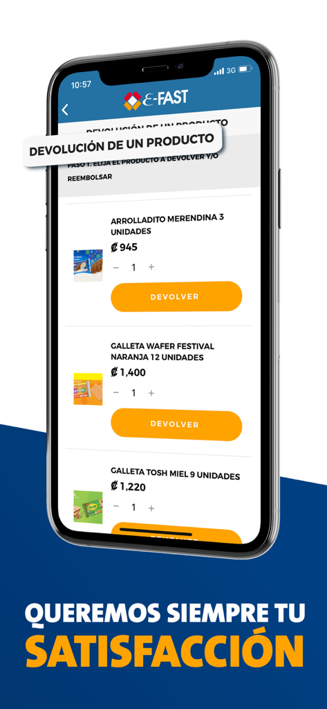 E-Fast - Interface de l'application mobile E-Fast montrant l'écran de retour de produit pour les articles d'épicerie en espagnol.