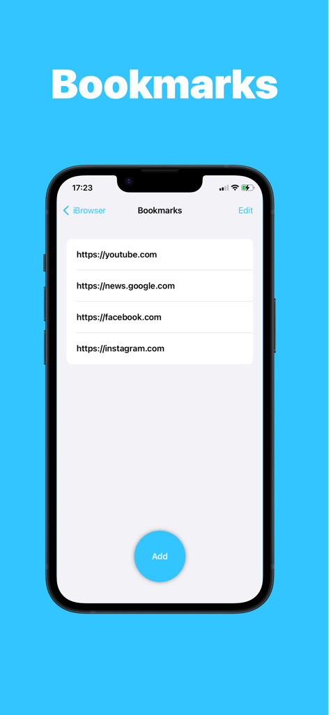 iPhone screen showing the bookmarks management list in the iBrowser app with links to YouTube and Facebook