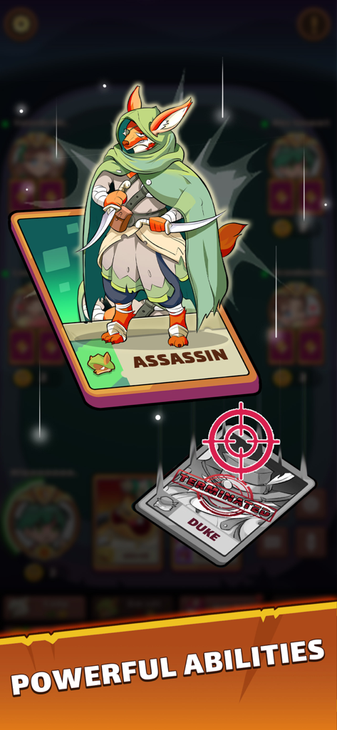 Coup Online - Board Game - Assassin card eliminating a Duke card with a powerful ability in Coup Online