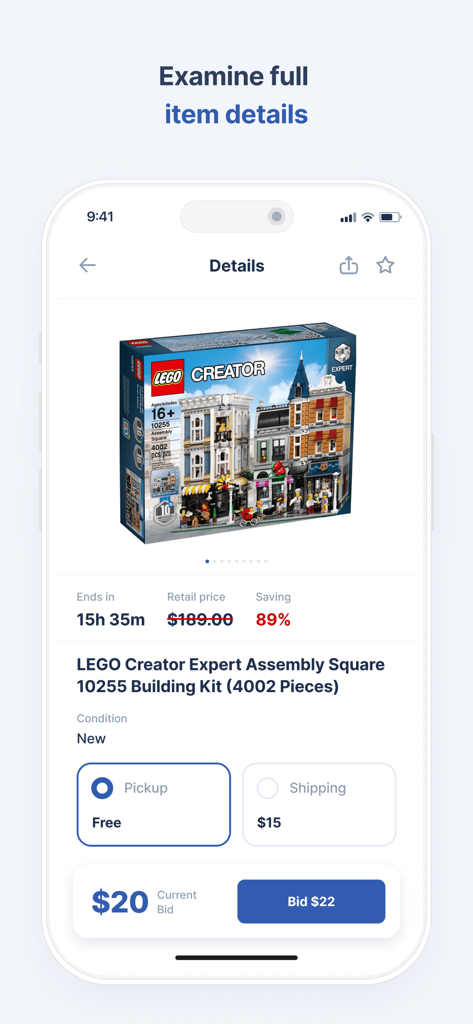 OLA - Online Auction - Vista detallada de una subasta de un set de LEGO en la aplicación móvil OLA con la puja actual y el ahorro.