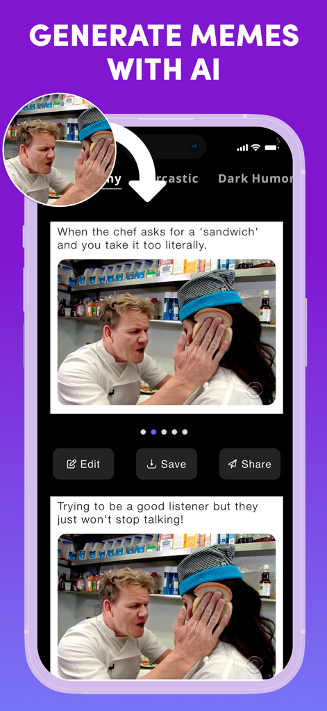 Mobile app interface for Memes.com showing AI generated memes and editing tools featuring a Gordon Ramsay template