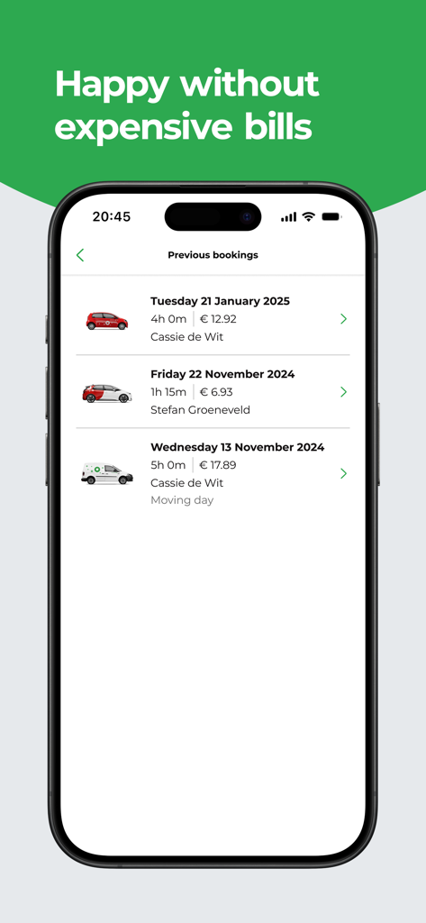 Greenwheels - Car sharing - Greenwheels app interface showing a list of past car sharing bookings and rental costs