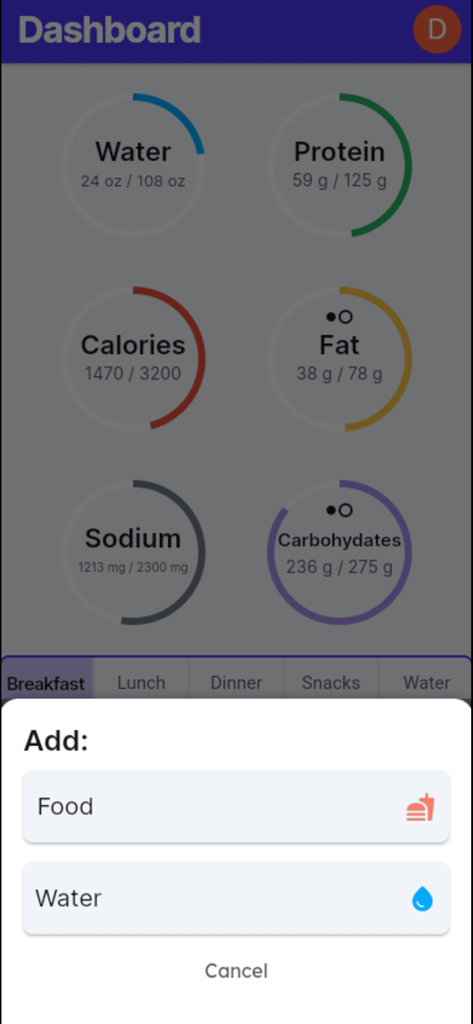 HydroMeal - Panel de la aplicación HydroMeal mostrando anillos de seguimiento de nutrición y un menú para agregar alimentos o agua