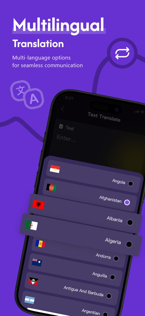 Global Translator - Talk Flow - Mobile screen showing a list of countries and flags for multilingual translation in the Talk Flow app.