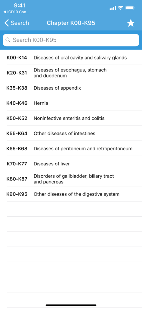 ICD10 Consult app display of digestive system disease code chapters