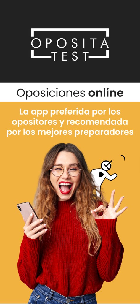 Una mujer feliz sosteniendo un smartphone y haciendo el gesto de 'ok' mientras promociona la aplicación de preparación de oposiciones online OpositaTest