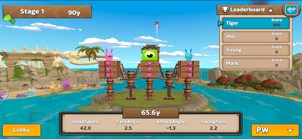 Crazy Birdie - Crazy Birdie mobile game screenshot showing a bird being launched over a tropical island with physics stats and leaderboard