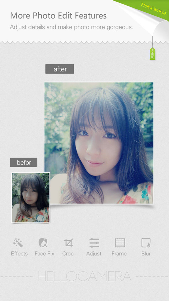 Before and after comparison of a portrait edit in the HelloCamera app showing available editing tools