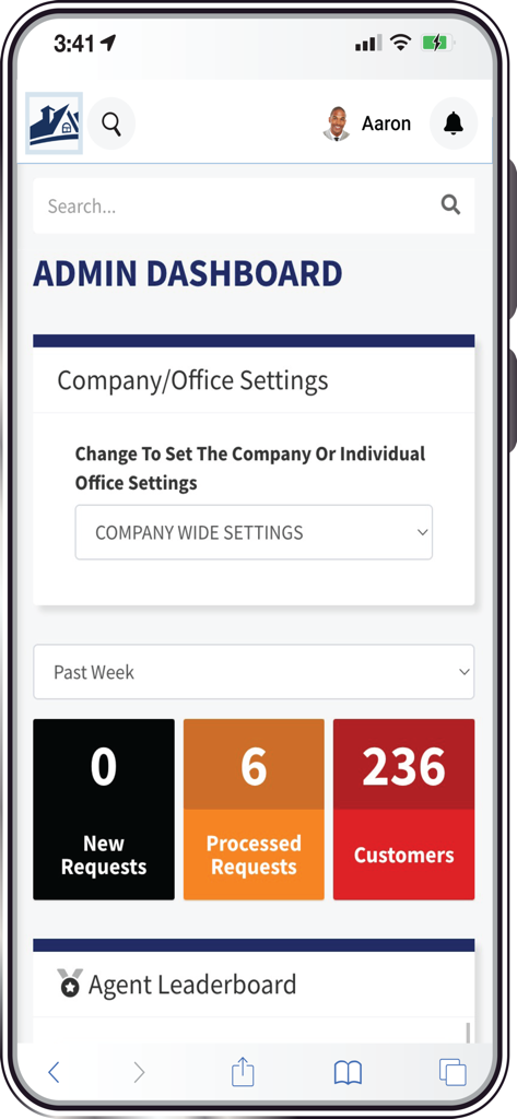DeltaNET - Panel de administración de la aplicación móvil DeltaNET que muestra la configuración de la empresa y métricas de rendimiento para nuevas solicitudes y totales de clientes.