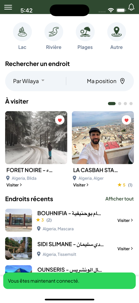 Duks Maps - Oberfläche der Duks Maps App mit Kategorien für Seen, Flüsse und Strände sowie Zielen in Algerien
