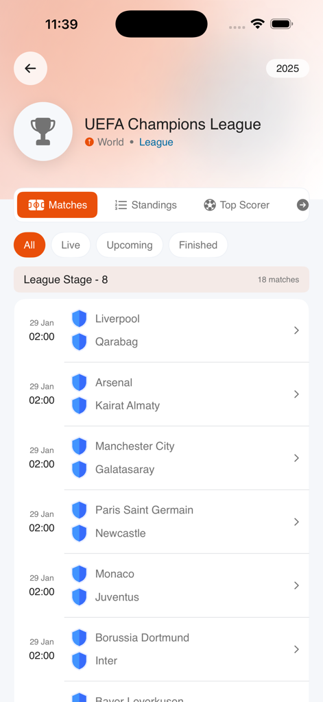 Live Football TV - Sportzfy - Interfaz de la aplicación Sportzfy mostrando los próximos calendarios y partidos de la UEFA Champions League