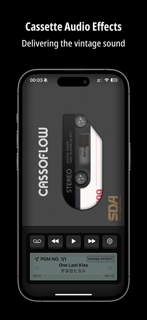 CassoFlow - Retro music player - iPhone上のCassoFlowミュージックプレーヤーアプリのスキューモーフィックカセットテープインターフェース