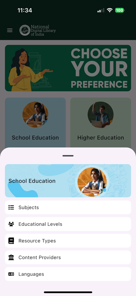 National Digital Library India - Oberfläche der National Digital Library India App mit Präferenzen für Bildung und Schulbildung sowie Hochschulbildung.