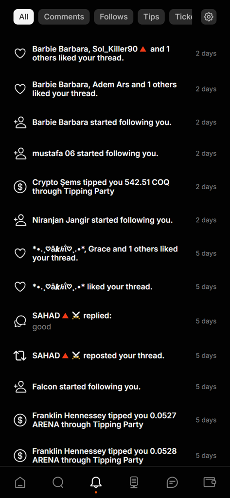 The Arena: SocialFi - Screenshot of the notifications feed in The Arena app showing social interactions and cryptocurrency tips.