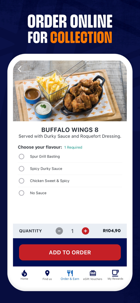 Spur Family Club - Spur Family Club app interface for ordering buffalo wings online for collection