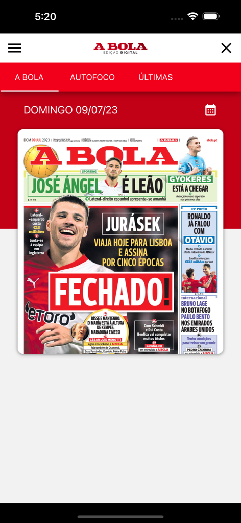 A BOLA – Edição Digital - Front page of A BOLA digital newspaper edition showing Portuguese sports headlines