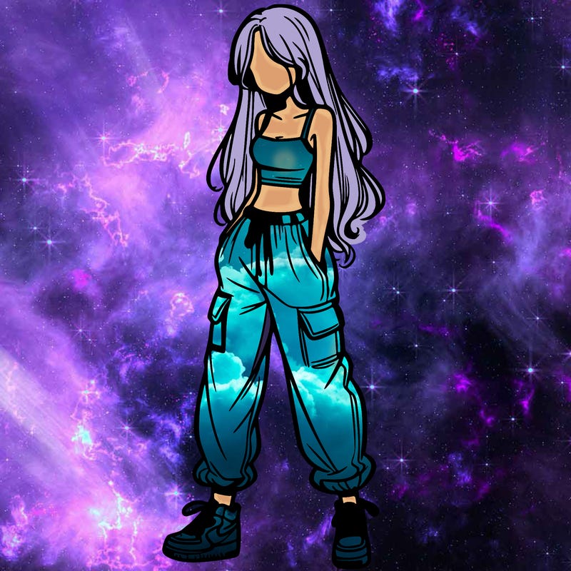 girl in baggy pants crop top and long hair