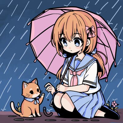anime middle school girl sitting down petting a cat while holding an umbrella