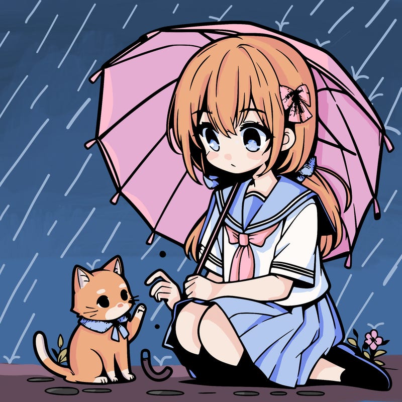 anime middle school girl sitting down petting a cat while holding an umbrella