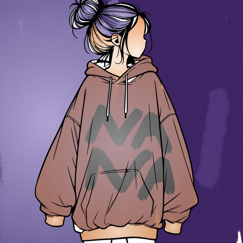 realistic girl with a oversized sweatshirt on and a bun