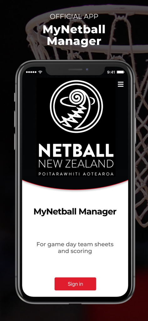 MyNetball Manager - Welcome screen of the MyNetball Manager official app showing Netball New Zealand branding and sign in button