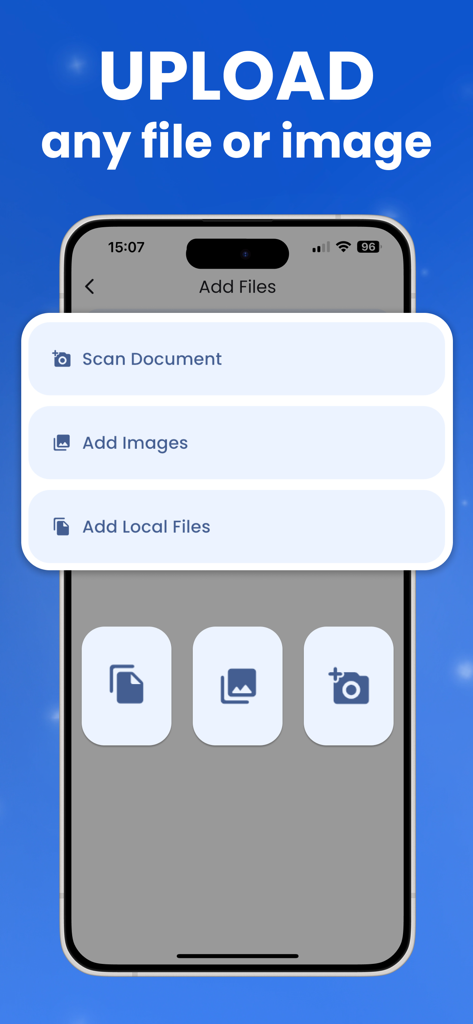 Interface of FaxFlow app on iPhone showing options to scan documents, add images, or upload local files