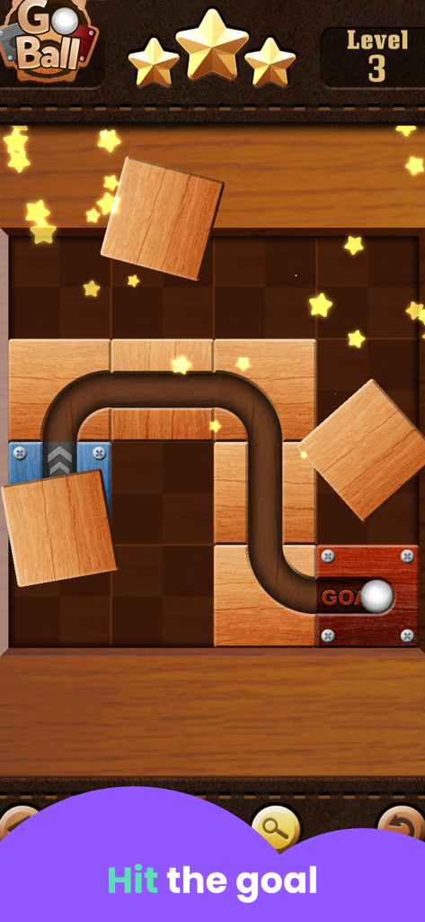 Gameplay of the Go Ball slide puzzle featuring wooden tiles and a ball reaching the goal