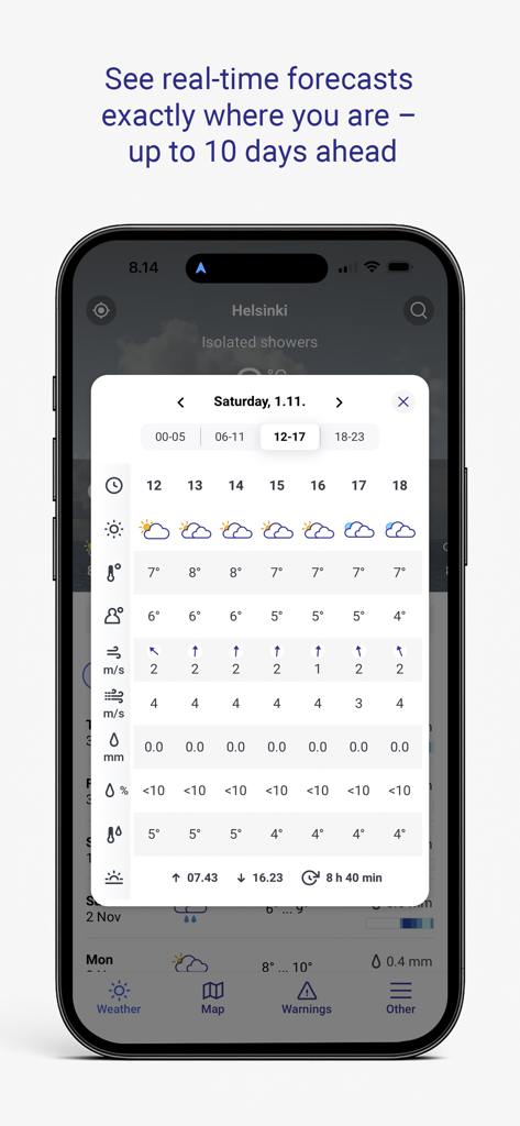 A mobile screen showing a detailed hourly weather forecast table for Helsinki in the FMI Weather app.