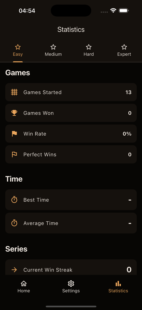 Statistics screen of the Sudoku app showing game records, win rates, and time metrics in a dark theme.