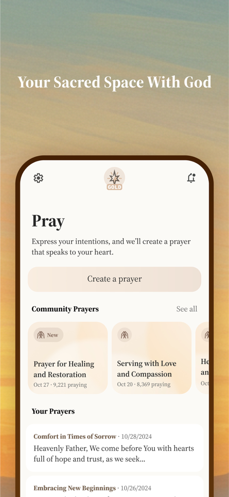 Faithy: Devotional & Prayer - Faithy app interface showing a personalized prayer generator and community prayers