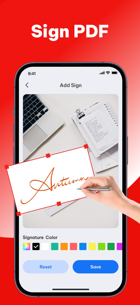 Scan to PDF: Editor & Sign - Interface do usuário mostrando o recurso de assinatura digital para assinar documentos em um smartphone