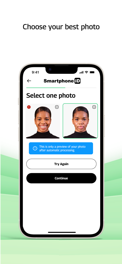 Smartphone iD - Passport photo - A mobile app screen for selecting a compliant passport photo showing valid and invalid examples.