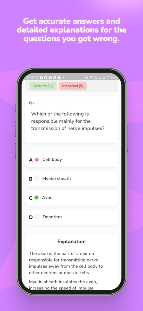 A practice question screen on the JAMB app showing correct and incorrect answer indicators and a detailed explanation box.