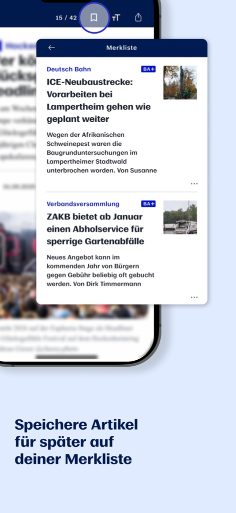 BA News - Uma tela móvel mostrando o recurso de lista de observação no aplicativo BA News, onde os usuários podem salvar artigos para leitura posterior.