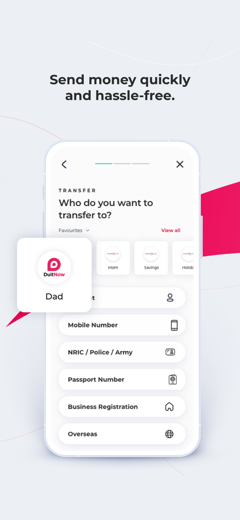 BIMB Mobile app transfer screen showing various options like mobile number passport number and overseas transfers