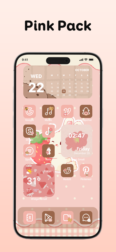 Pink aesthetic iPhone home screen with custom icons and widgets