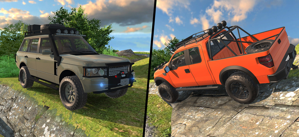 Un SUV color canela y una camioneta naranja conduciendo por un terreno accidentado
