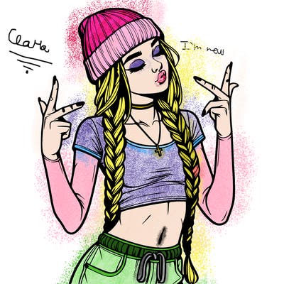 realistic teenage girl with braids and a beanie and crop top doing 🫶🏼